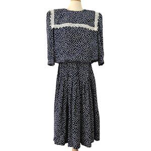 80s Puritan Collar Dress Blouson Drop Waist 3/4 Sleeve Navy White Act II Size 16